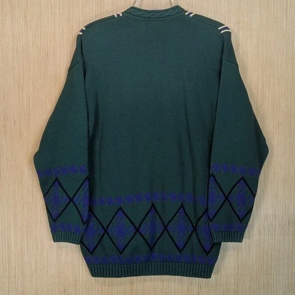 Picone Cardigan Sweater Womens Large Green Argyle Plaid‎ Grandpa Oversized Retro - Picture 5 of 8